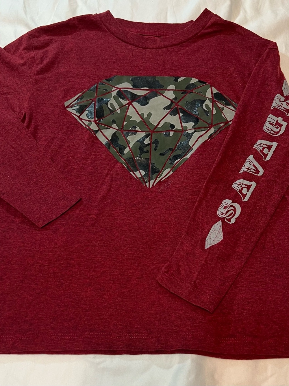 Ring of Fire Maroon Long-Sleeve Tee with Camouflage Diamond Graphic